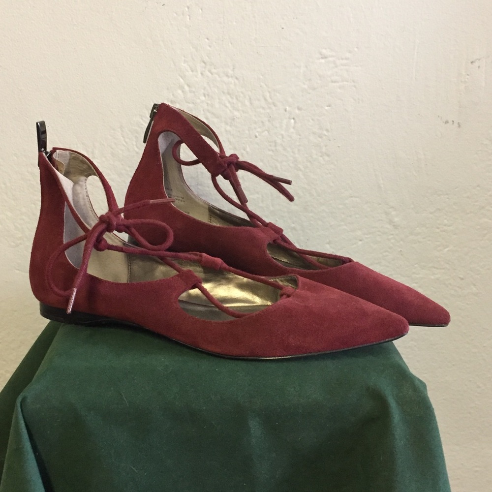 Burgundy Suede Lace-up Flats, 7.5